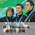 Mathieu Giroux, Lucas Makowsky, and Denny Morrison of Canada show off their gold medals in team pursuit speedskating in Vancouver, Canada, 27 Feb 2010